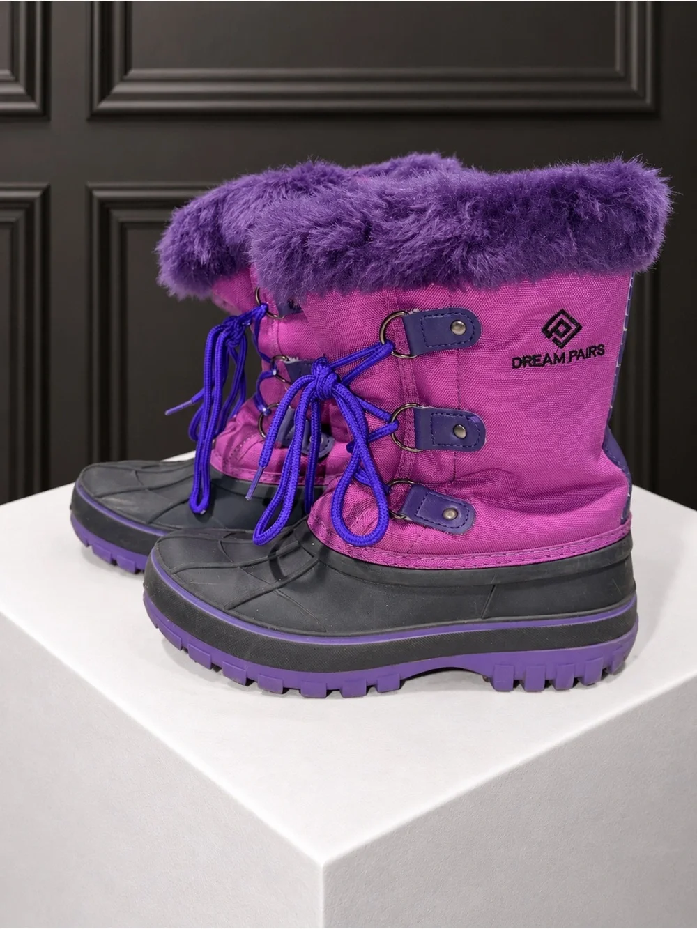 DREAM PAIRS Forester Kids Pink & Purple Faux Fur Winter Snow Boots – Size 3